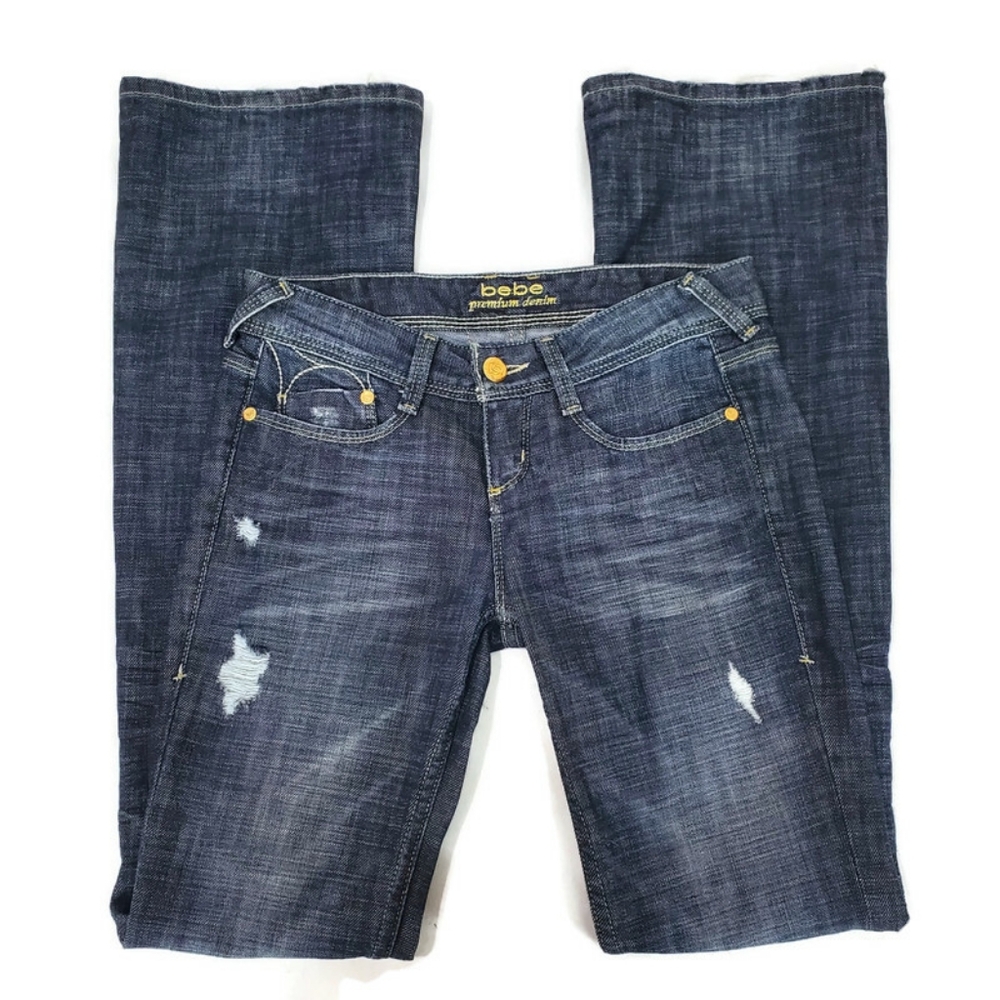 Bebe | Vintage Y2K Gold Metal Logo Back Pocket Bootcut Flare Jeans | 26 Low Rise - Picture 9 of 14